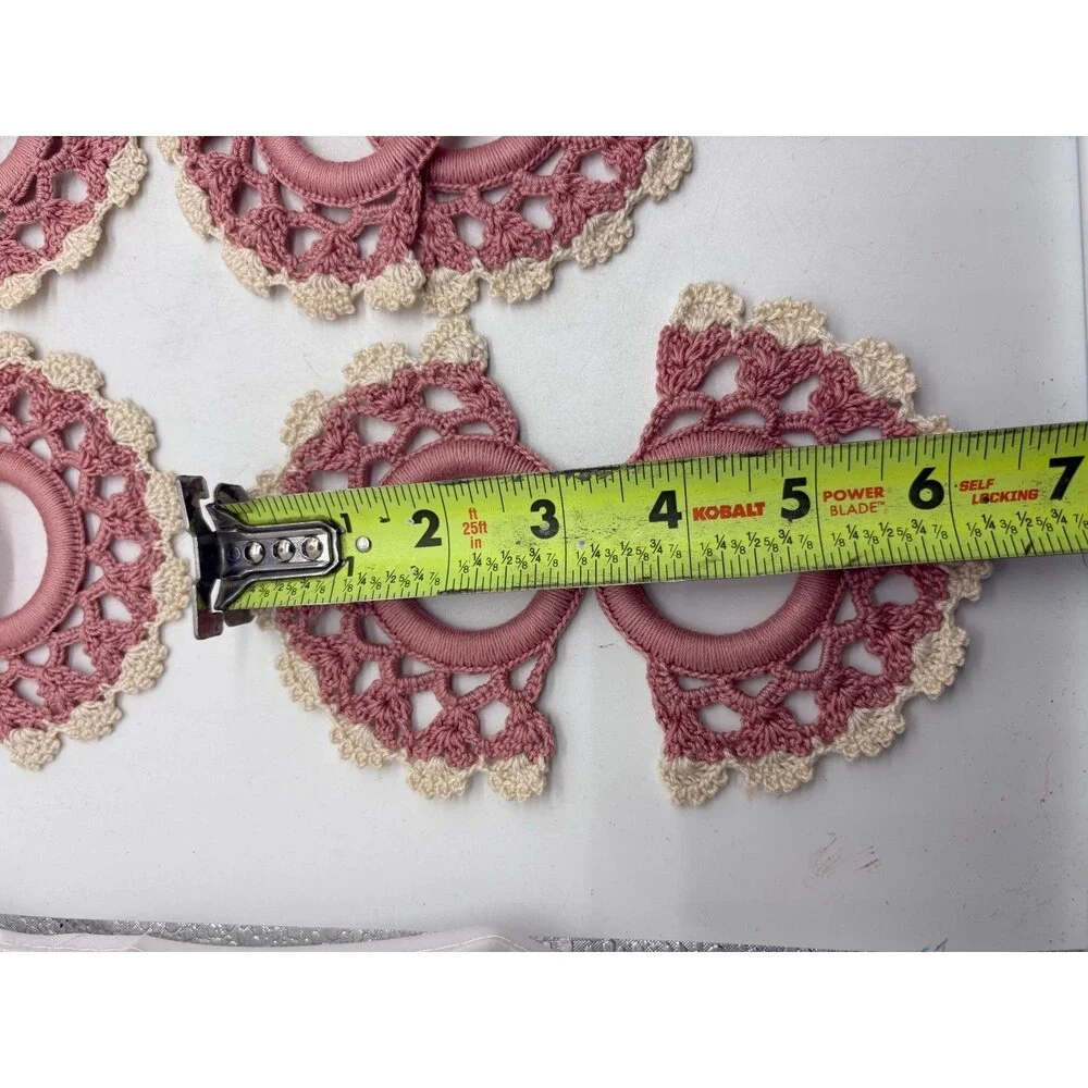 Set of 6 Vintage Crochet Lace Napkin Rings Dusty Rose Pink Boho Shabby Chic Deco